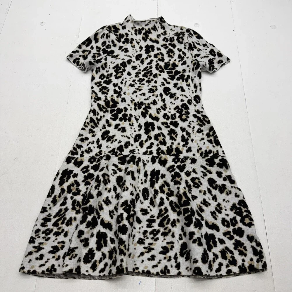 Scoop Sweater Dress Womens S White Leopard Print Mock Neck Short Sleeve Knit